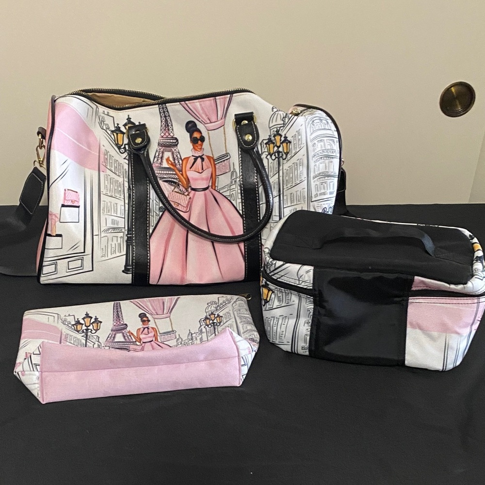 Elegant Women's Tote Bag Set with Parisian Design - Pink - Picture 2 of 5